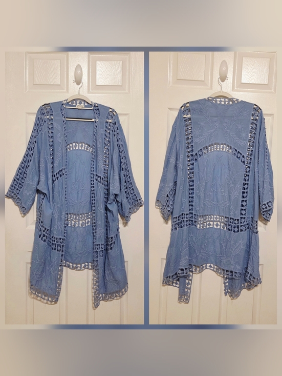 Ultra Pink Tops - Blue Lace Open-Front Kimono Cardigan
